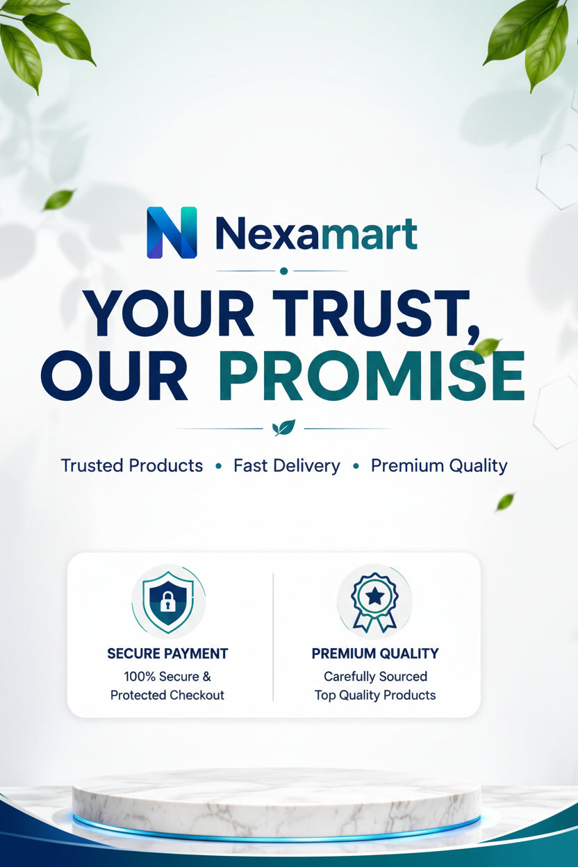 A promotional banner for Nexamart, featuring the brand name at the top and five key service pillars: Secure Payment, Fast Delivery, Premium Quality, Easy Returns, and Quality Assured. The banner includes decorative green leaves and plants in the corners, a white background with faint hexagonal patterns, and a dark blue footer with icons representing customer support and smart choices.