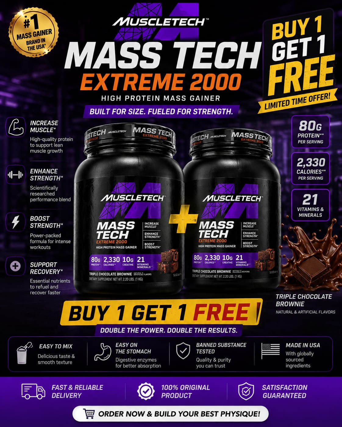 Muscle Tech Mass Tech Extreme 2000 – 1 KG Box | High Protein Mass Gainer By 1 Get 1 Free