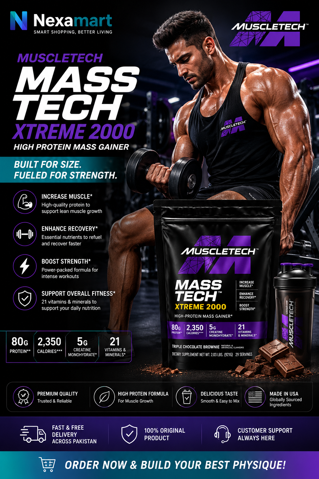 Muscle Tech Mass Tech Extreme 2000 – 1 KG Box | High Protein Mass Gainer