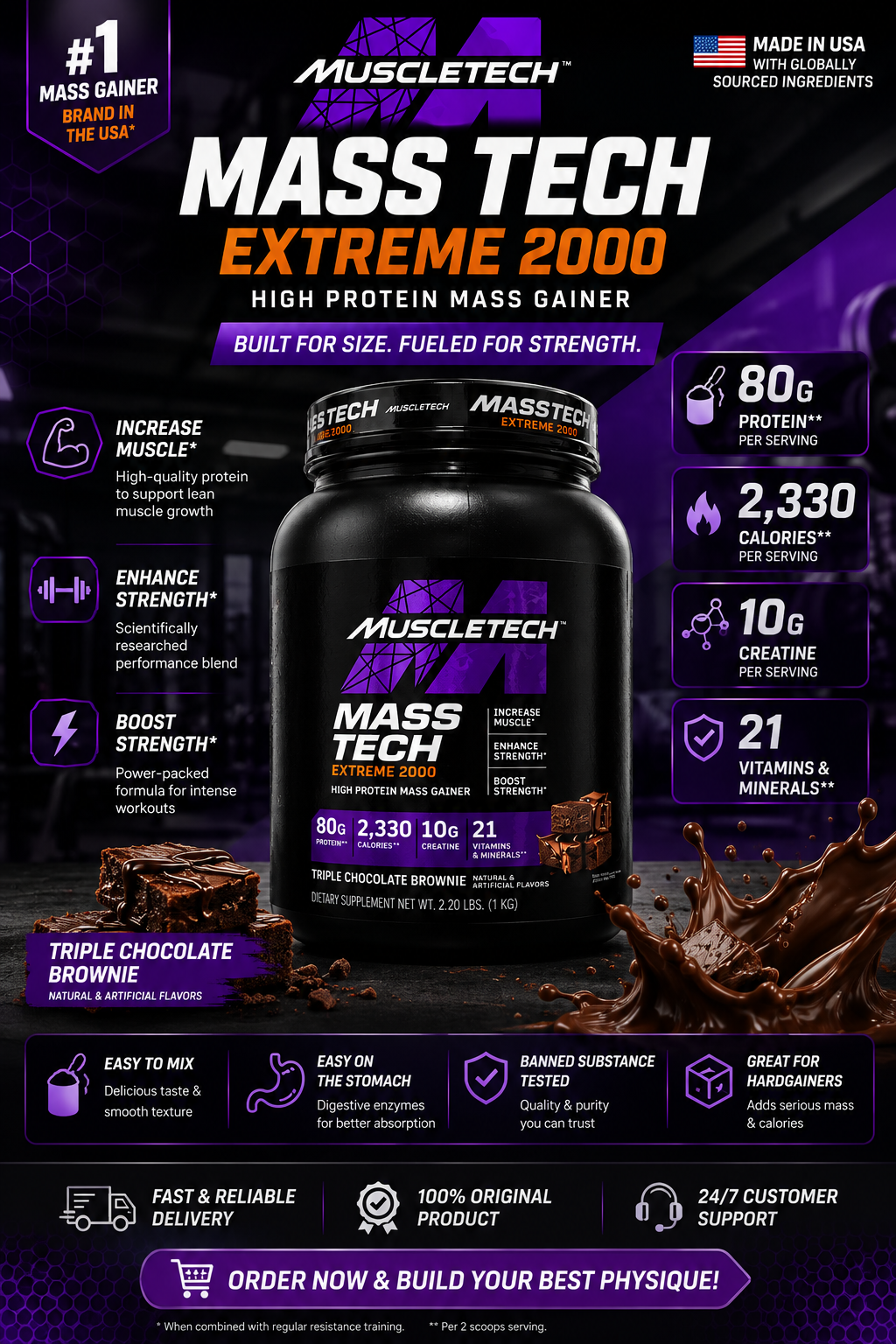 Muscle Tech Mass Tech Extreme 2000 – 1 KG Box | High Protein Mass Gainer