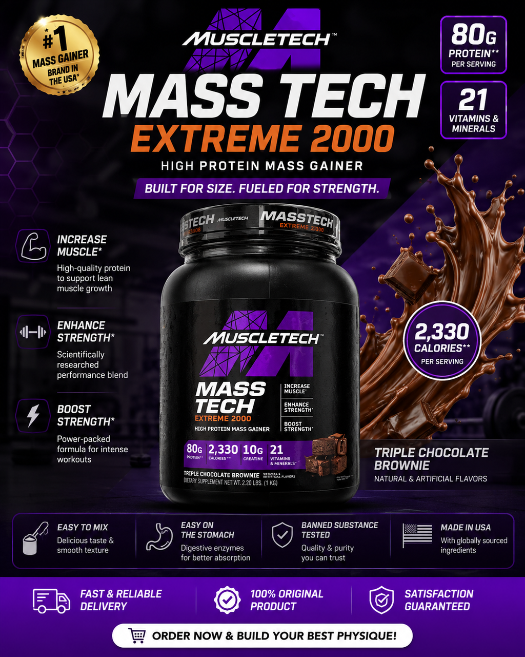 Muscle Tech Mass Tech Extreme 2000 – 1 KG Box | High Protein Mass Gainer