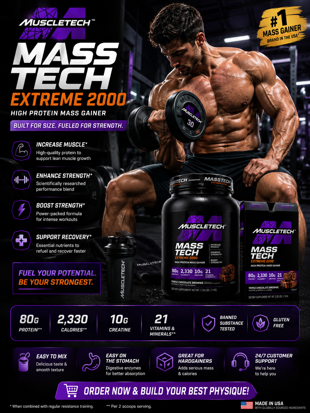 Muscle Tech Mass Tech Extreme 2000 – 1 KG Box | High Protein Mass Gainer