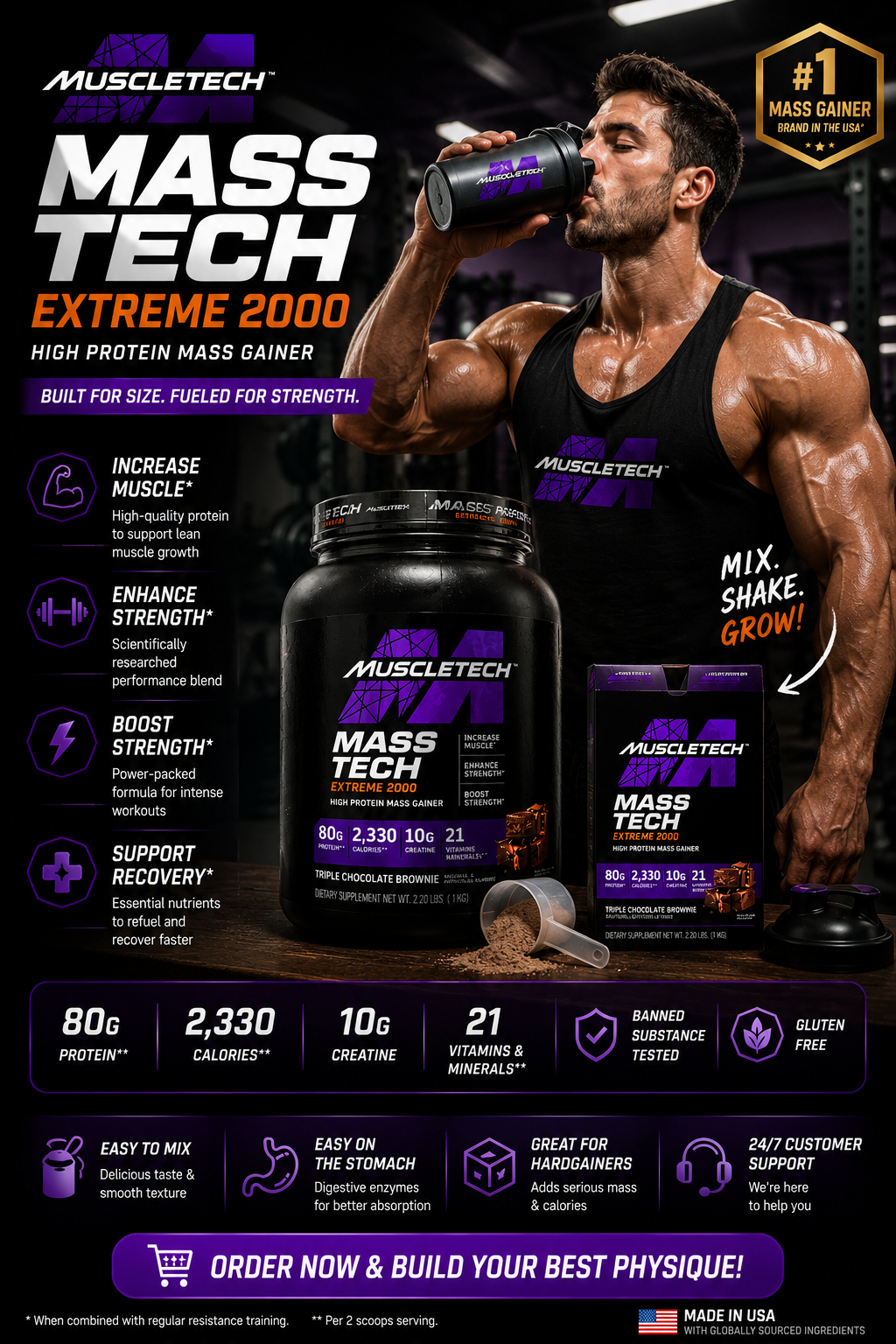 Muscle Tech Mass Tech Extreme 2000 – 1 KG Box | High Protein Mass Gainer